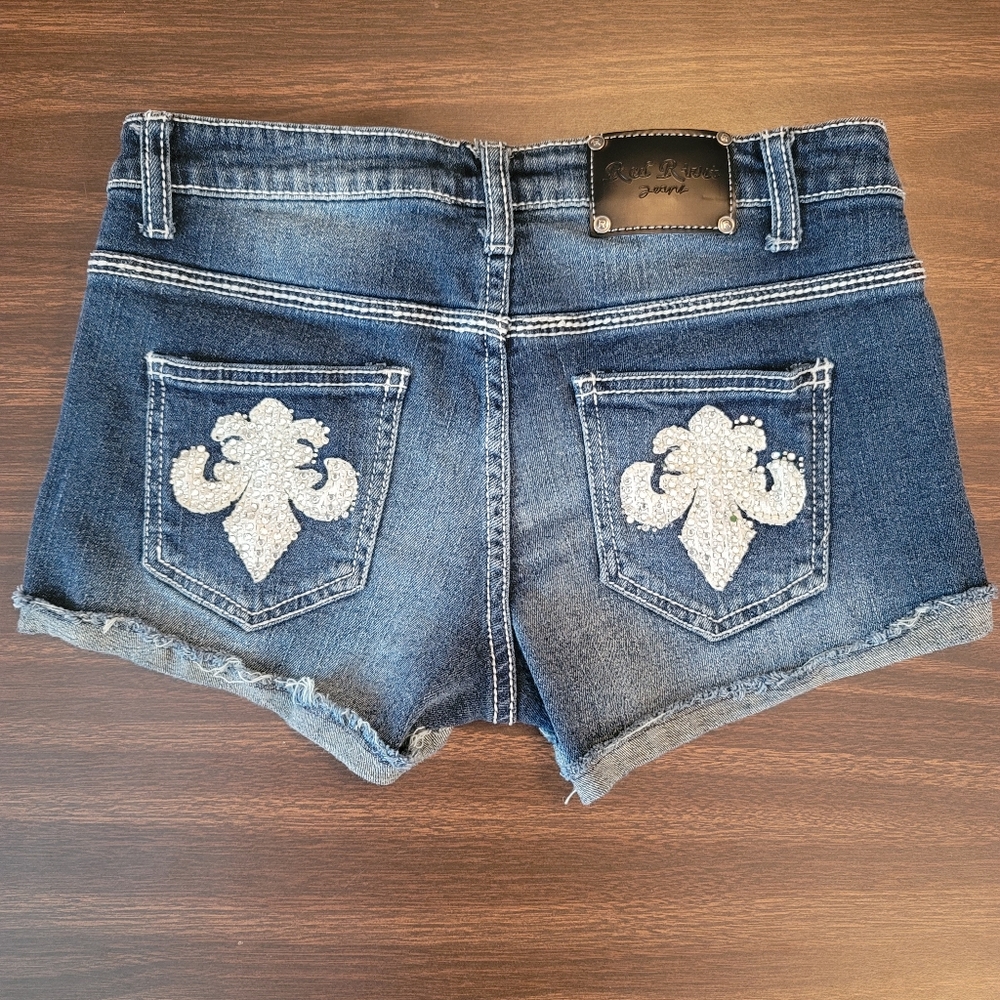 Red Rivet Embellished Jean Shorts